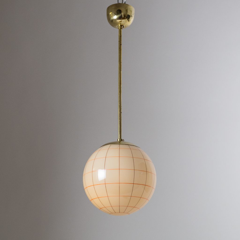 1930s Art Deco Pendant, Hand Painted Glass and Brass