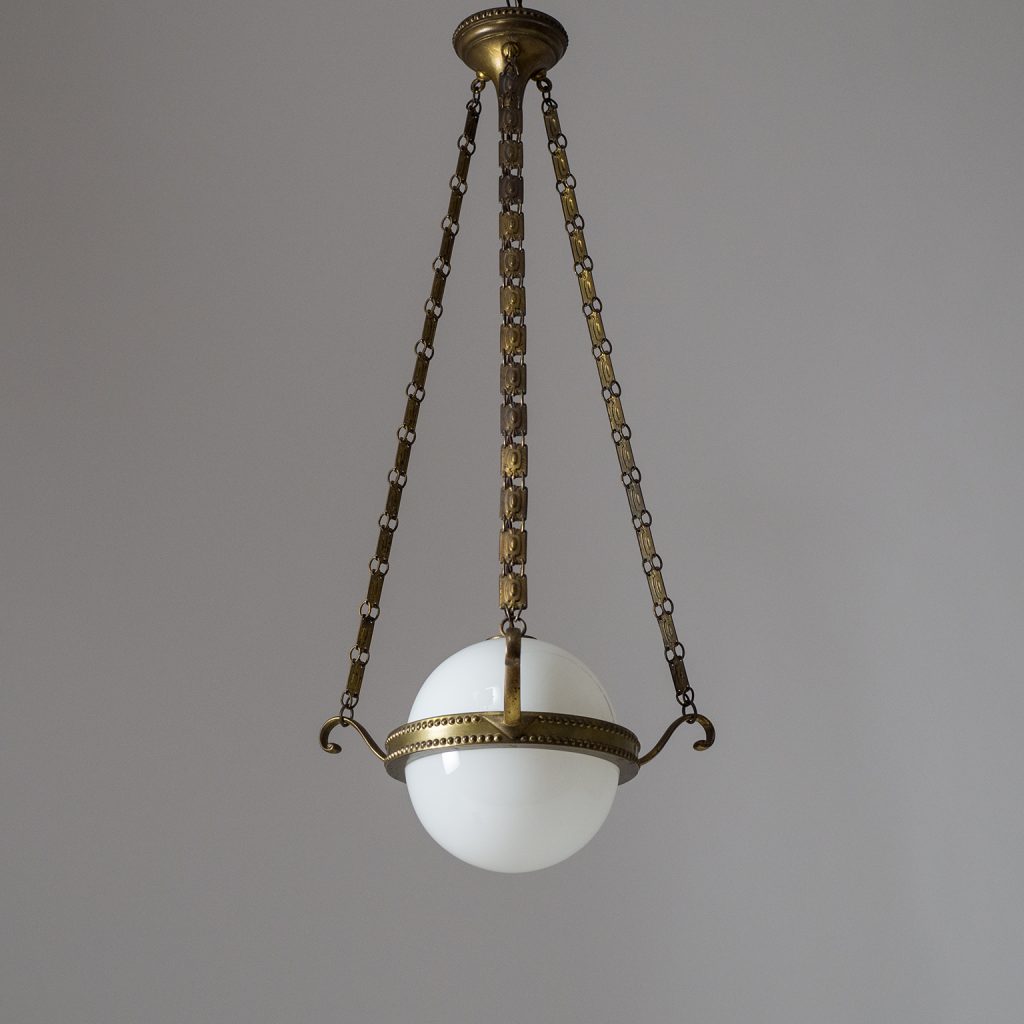 Early Art Deco Pendant, circa 1910, Brass and Glass