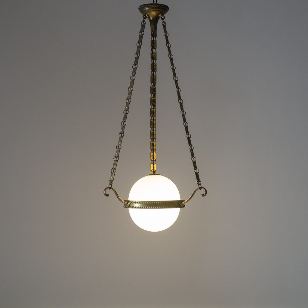 Early Art Deco Pendant, circa 1910, Brass and Glass