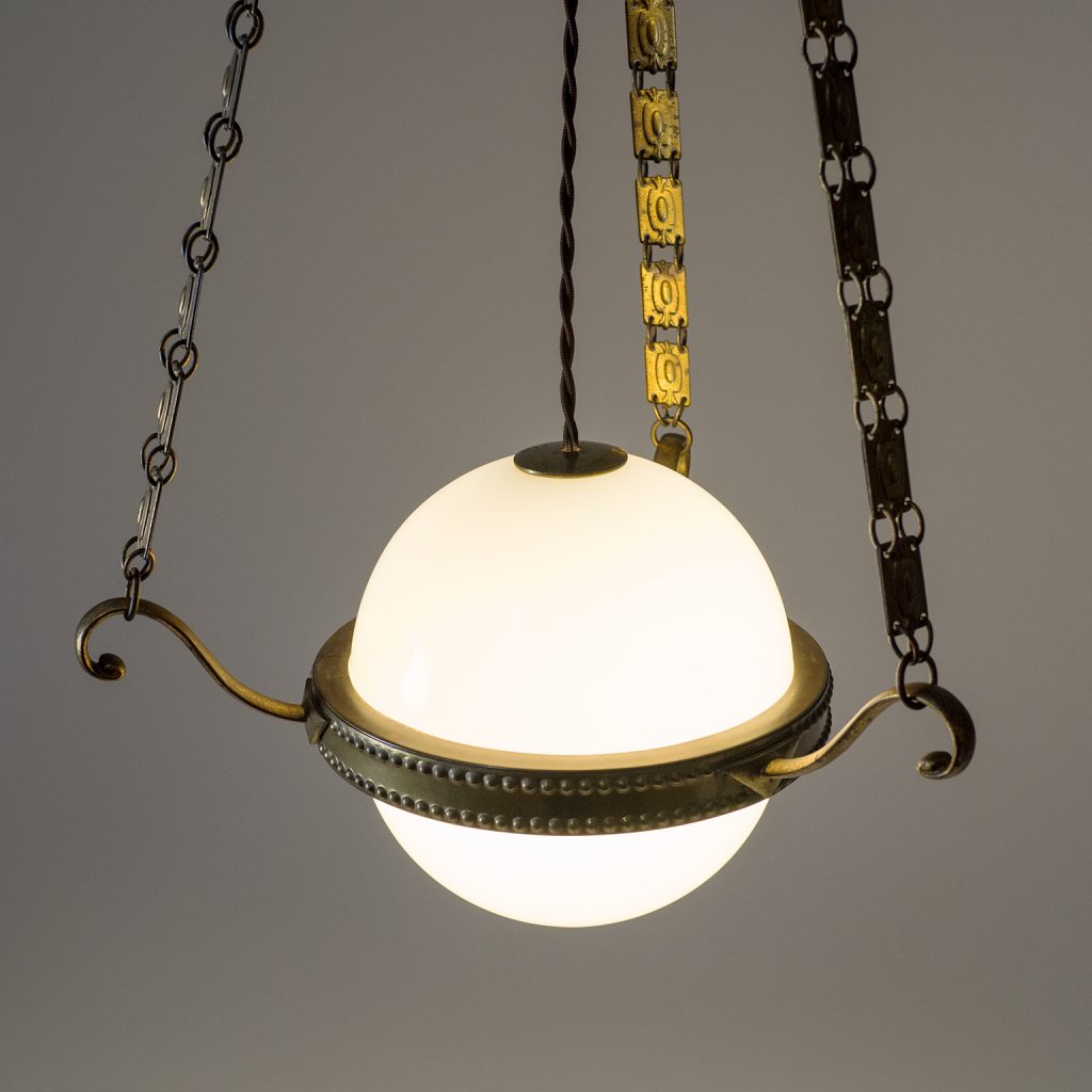 Early Art Deco Pendant, circa 1910, Brass and Glass