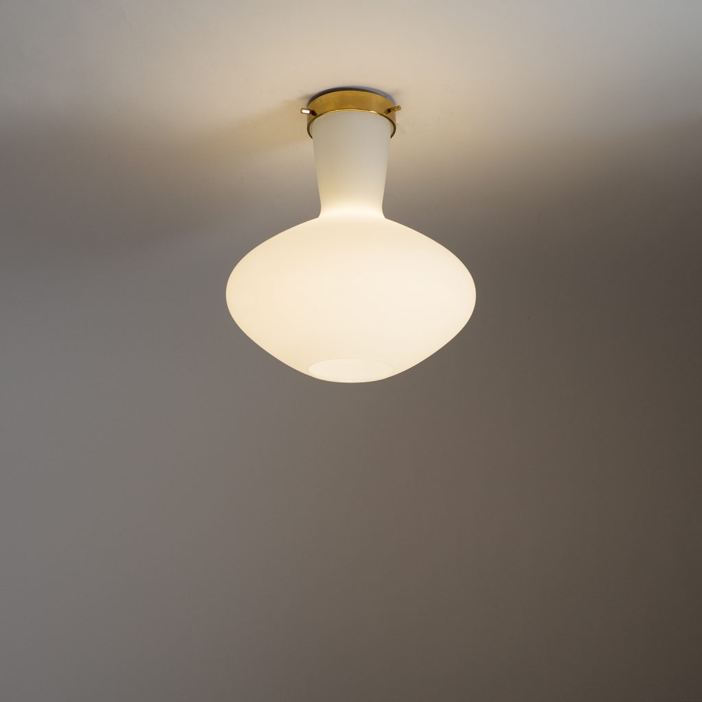 Stilnovo Flush Mount, 1950s, Satin Glass and Brass