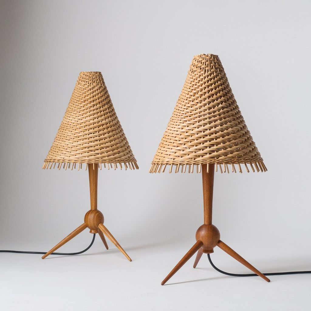 Scandinavian Table Lamps, 1960s, Teak and Rattan