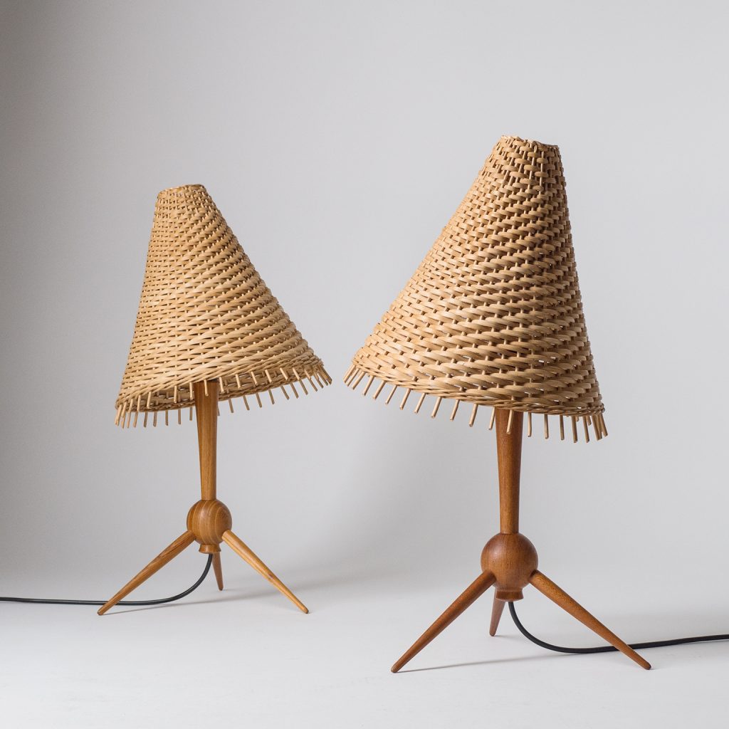 Scandinavian Table Lamps, 1960s, Teak and Rattan