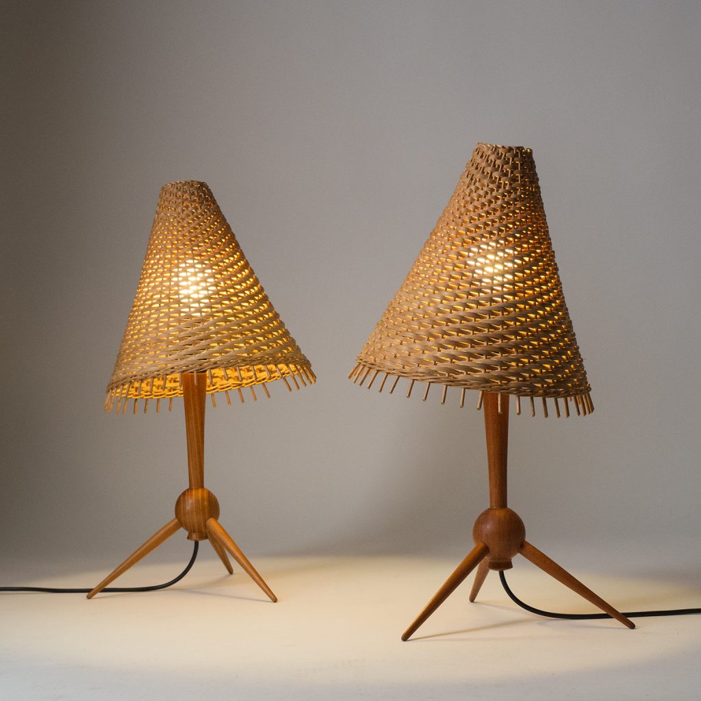 Scandinavian Table Lamps, 1960s, Teak and Rattan
