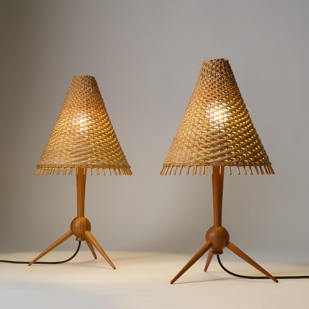 Scandinavian Table Lamps, 1960s, Teak and Rattan