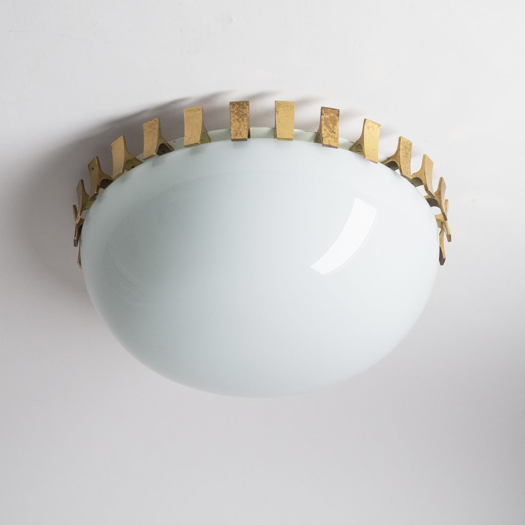 J.T. Kalmar Flush Mount, circa 1950, Brass and Opaline Glass