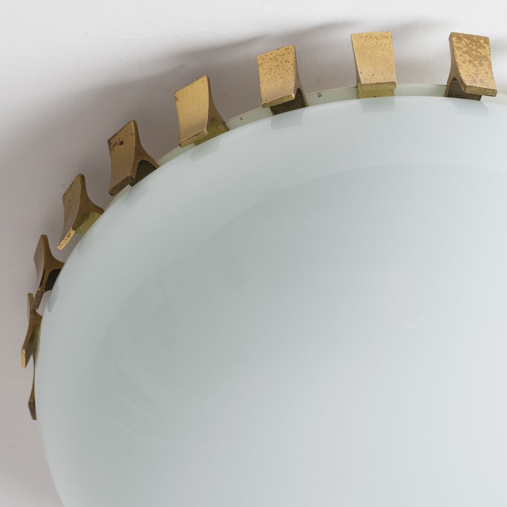 J.T. Kalmar Flush Mount, circa 1950, Brass and Opaline Glass