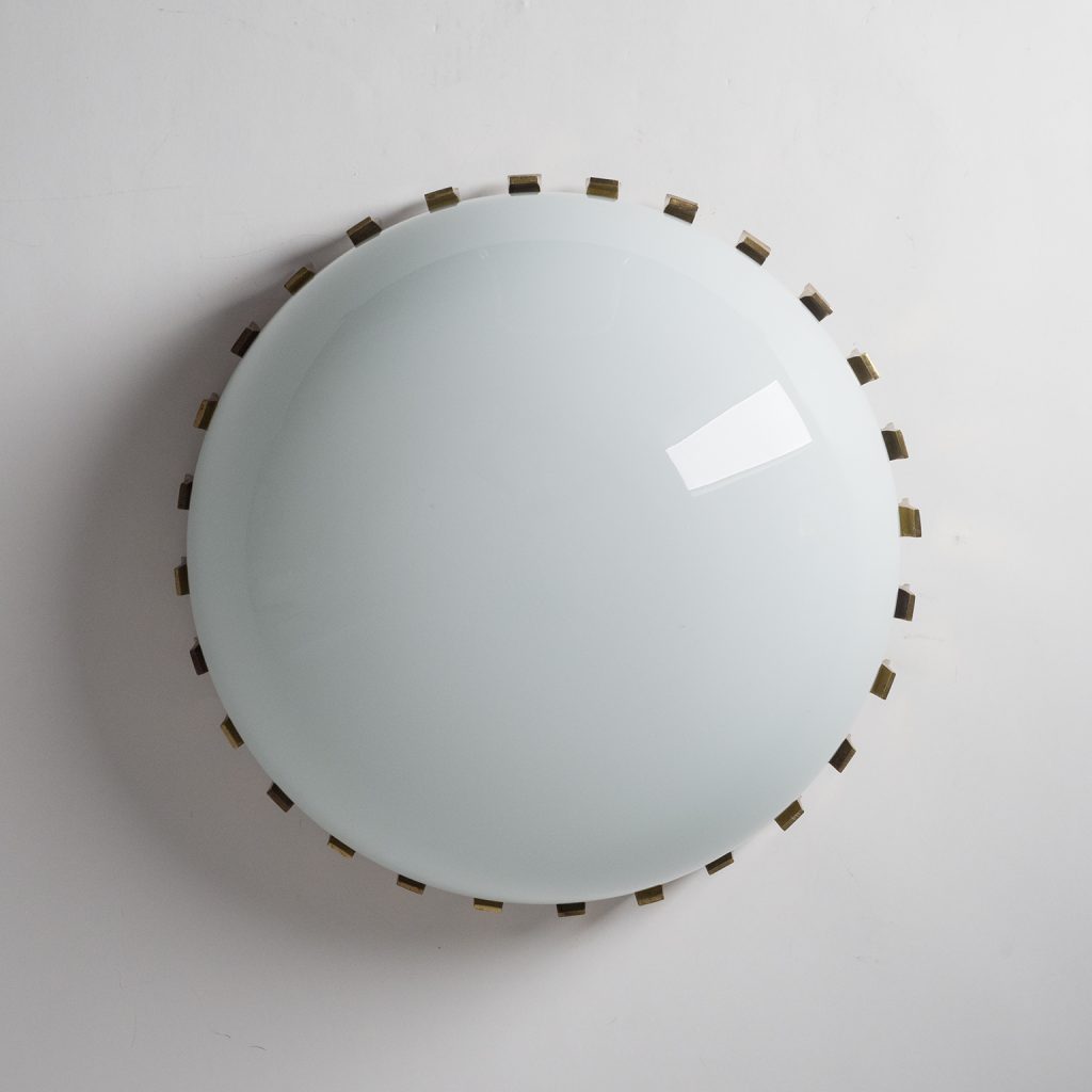 J.T. Kalmar Flush Mount, circa 1950, Brass and Opaline Glass