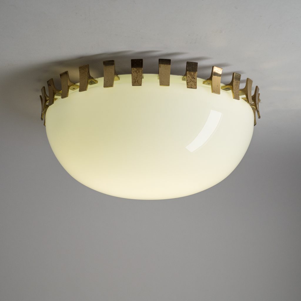 J.T. Kalmar Flush Mount, circa 1950, Brass and Opaline Glass