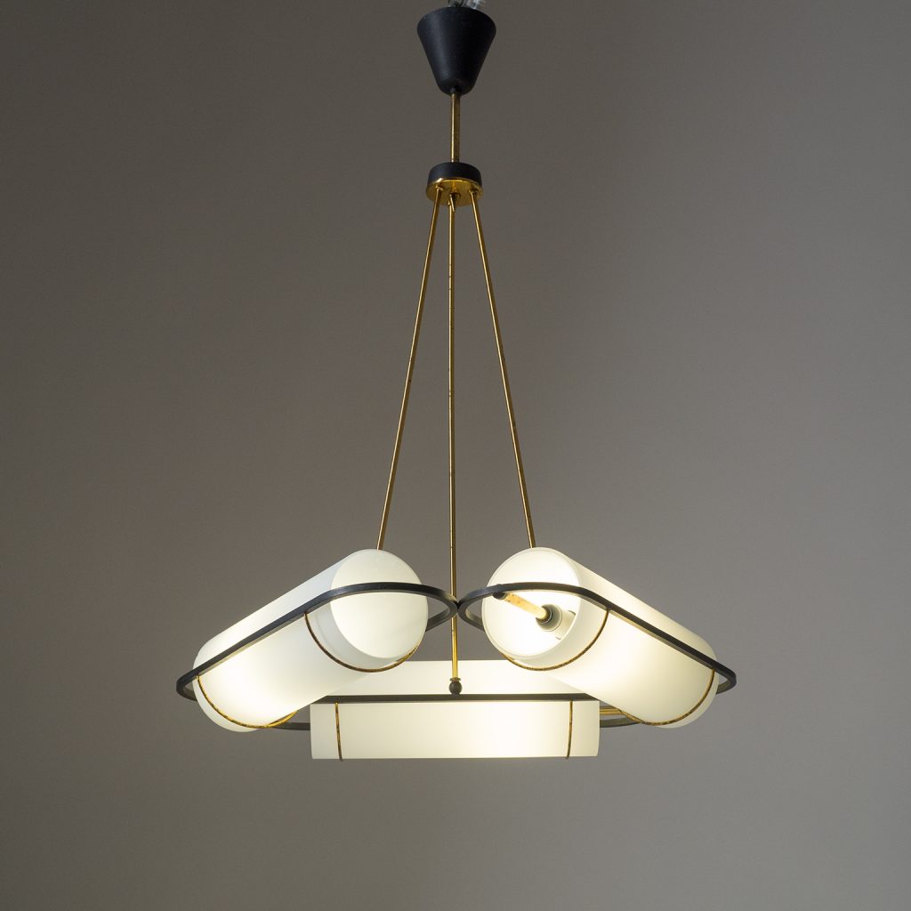 Italian Modernist Chandelier, 1950s, Satin Glass and Brass