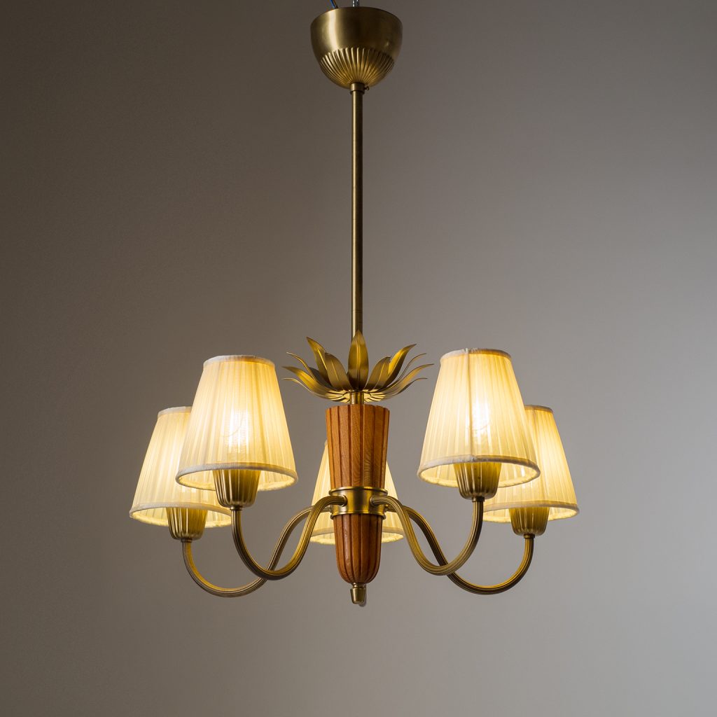 Rare Brass and Teak Chandelier, Hans Bergström (Attr.), 1950s