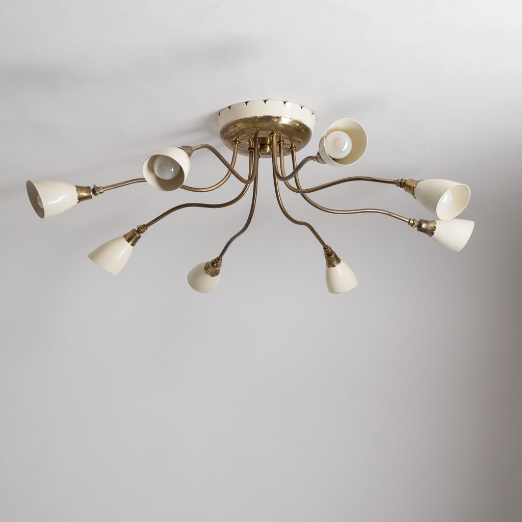 Italian Ceiling Light, circa 1950, Brass and Ivory Lacquer