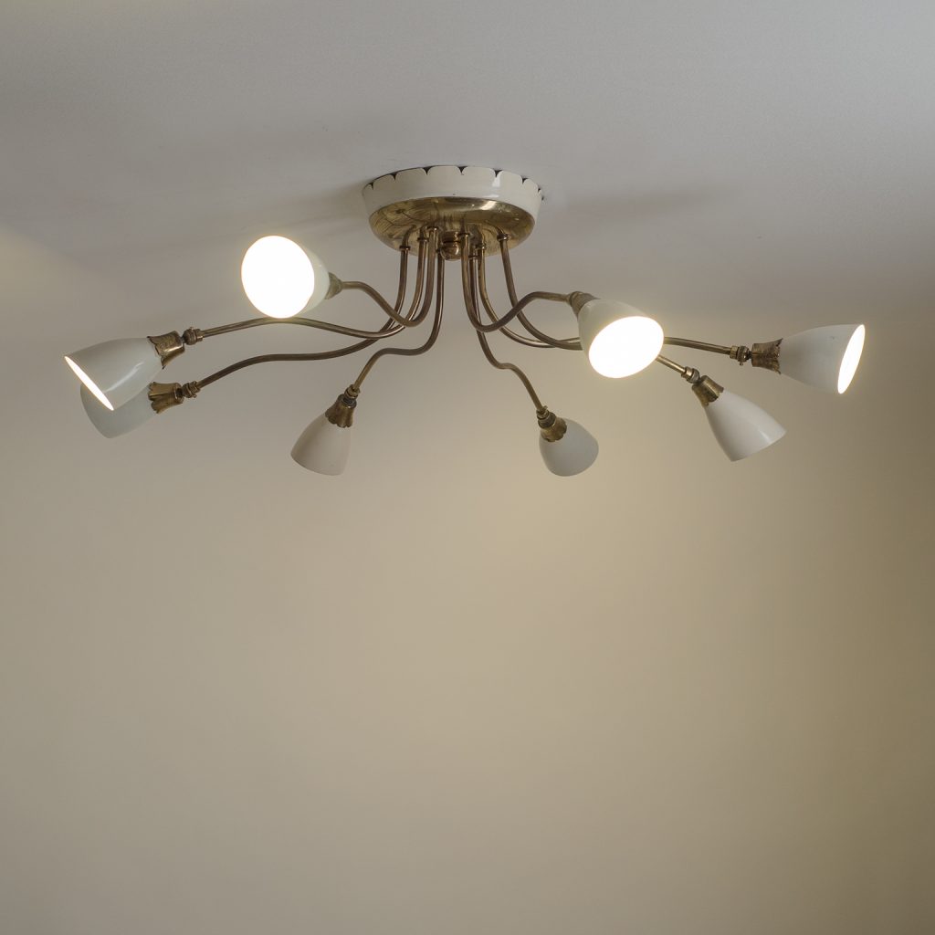 Italian Ceiling Light, circa 1950, Brass and Ivory Lacquer