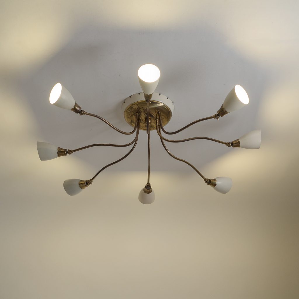 Italian Ceiling Light, circa 1950, Brass and Ivory Lacquer