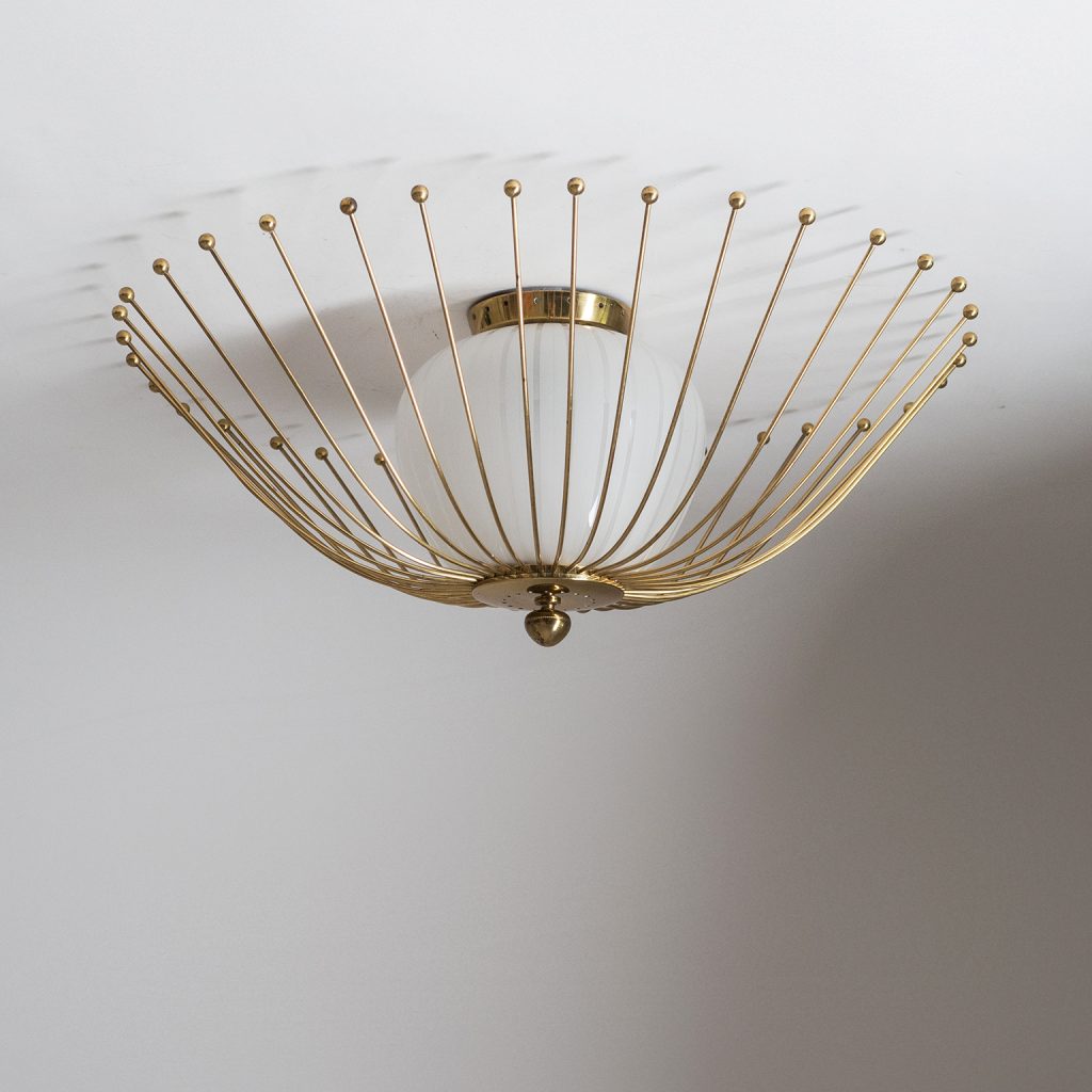 Brass Ceiling Light, 1940s, Striped Glass