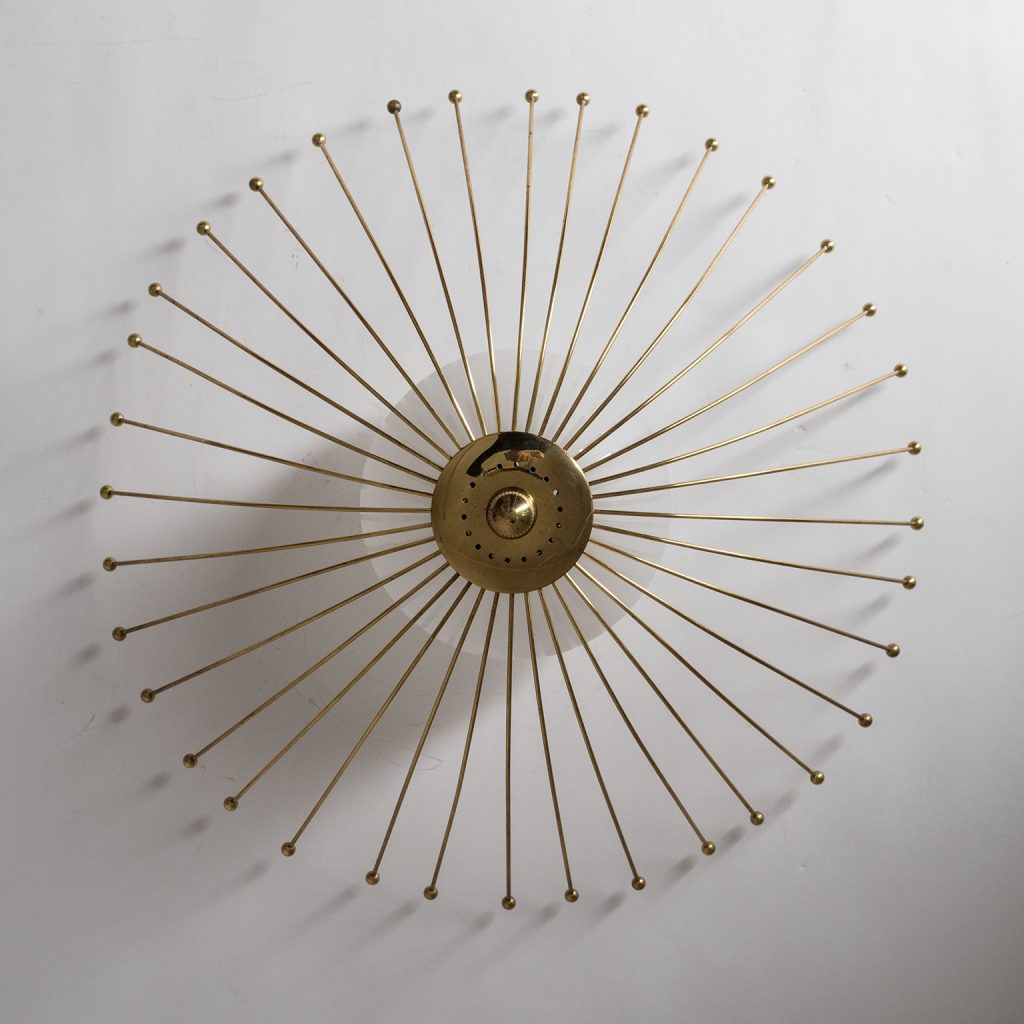 Brass Ceiling Light, 1940s, Striped Glass