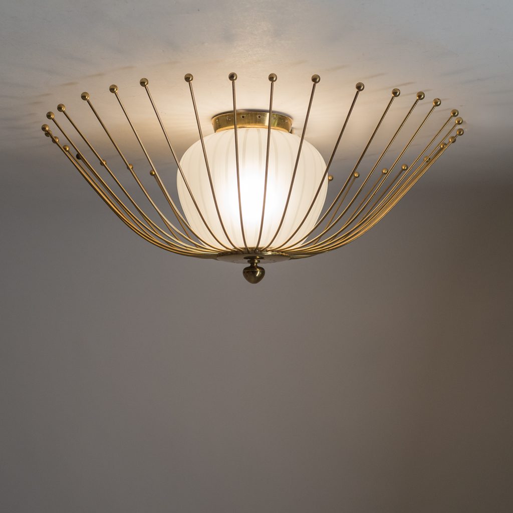 Brass Ceiling Light, 1940s, Striped Glass