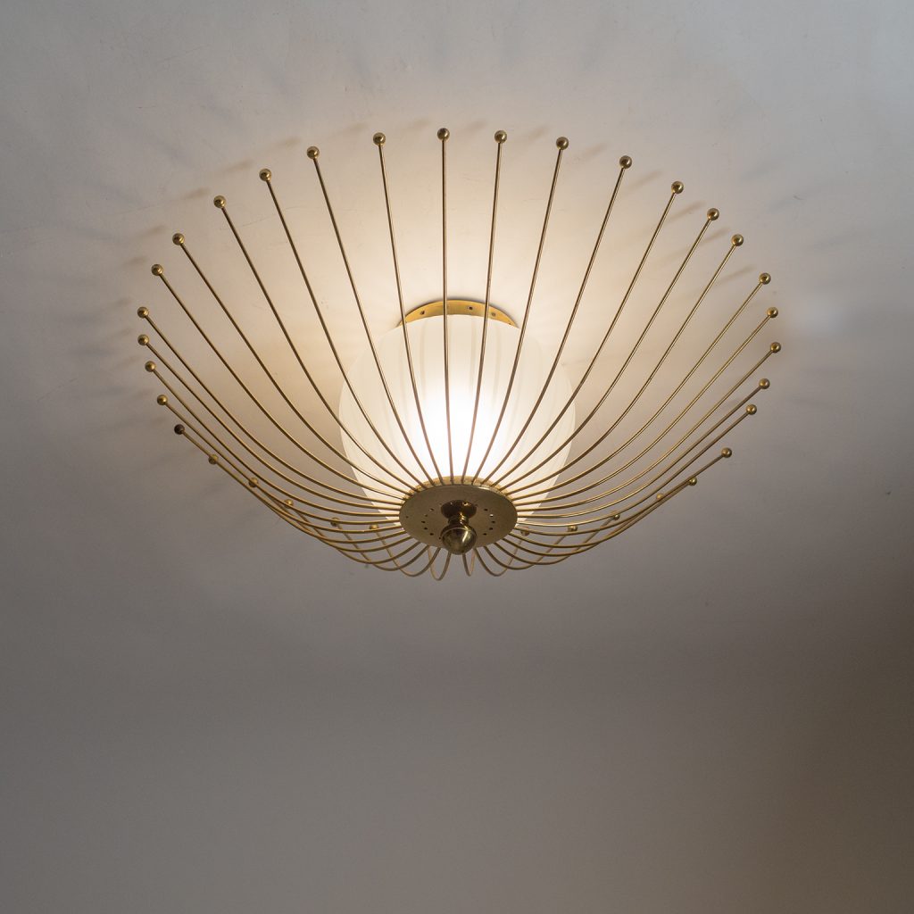 Brass Ceiling Light, 1940s, Striped Glass