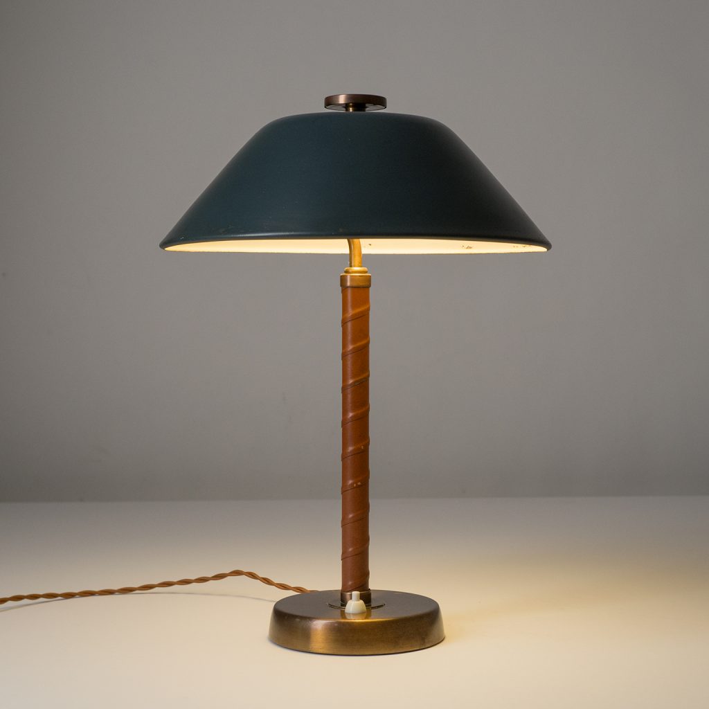 Pair of Swedish Table Lamps, 1940s, Brass and Leather