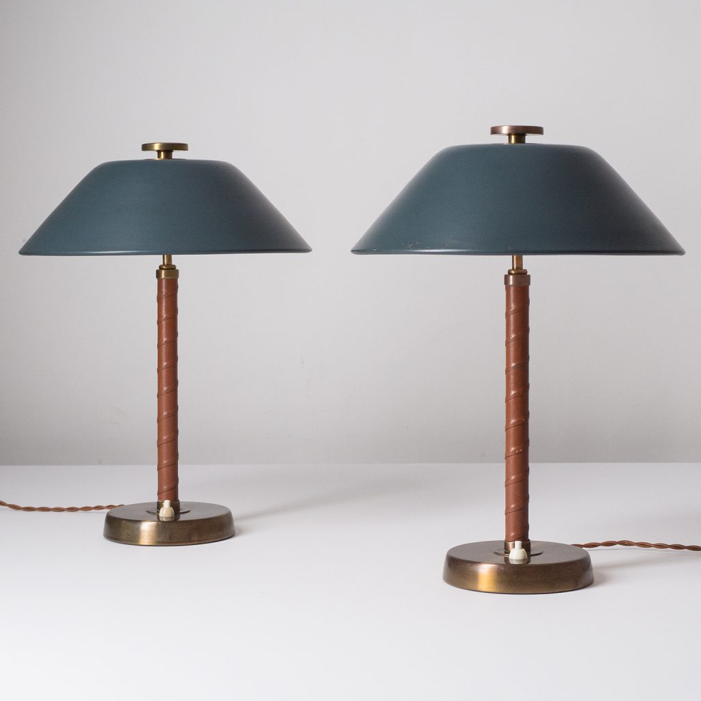 Pair of Swedish Table Lamps, 1940s, Brass and Leather